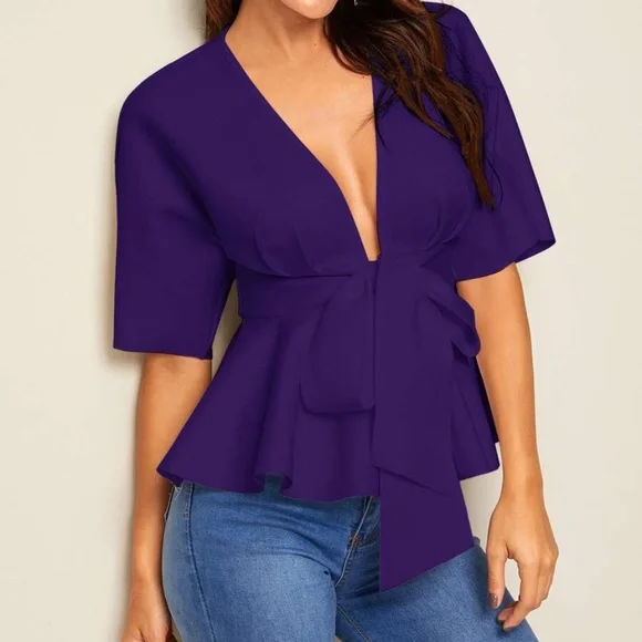 Boho Purple Plunging Neck Babydoll Top Chic Sexy - Picture 6 of 12